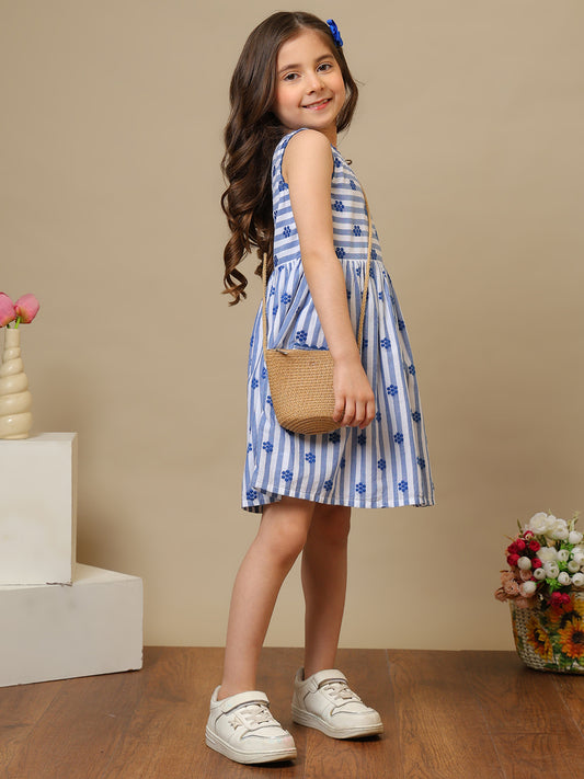 Girls Cotton Dobby Striped Dress