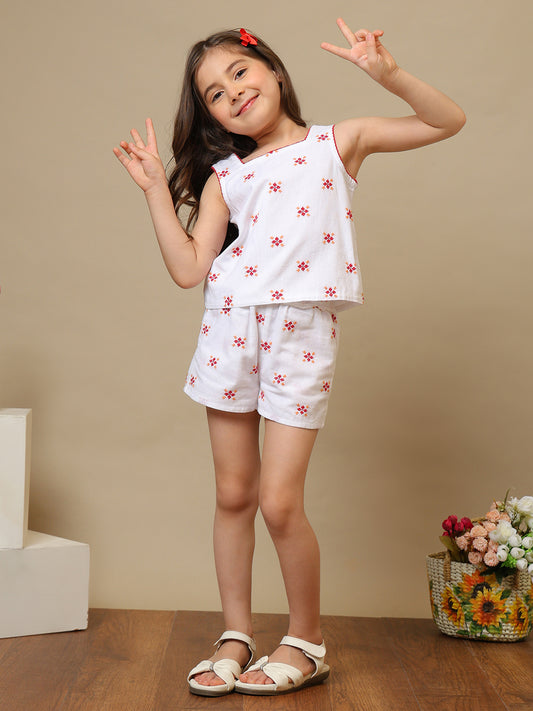 Girls Off White Embroidered Shorts Set