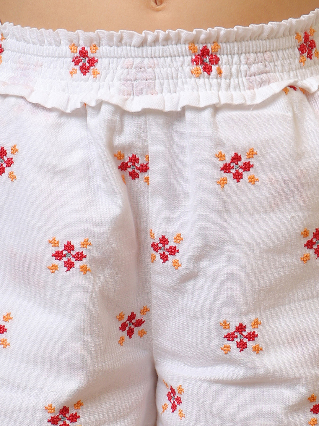 Girls Off White Embroidered Shorts Set