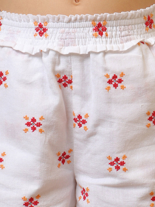 Girls Off White Embroidered Shorts Set
