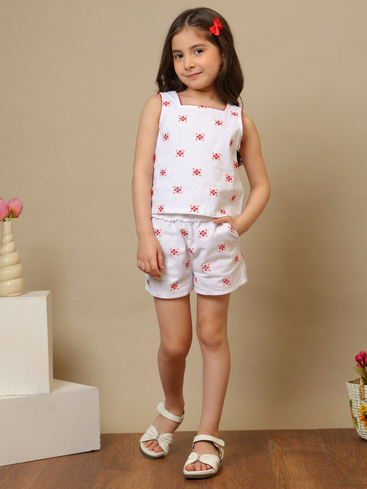Girls Off White Embroidered Shorts Set