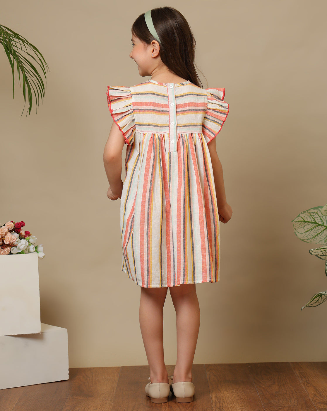Girls Striped Flutter Sleeve Dress