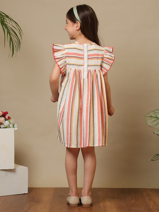 Girls Multicolor Striped Embroidered Dress