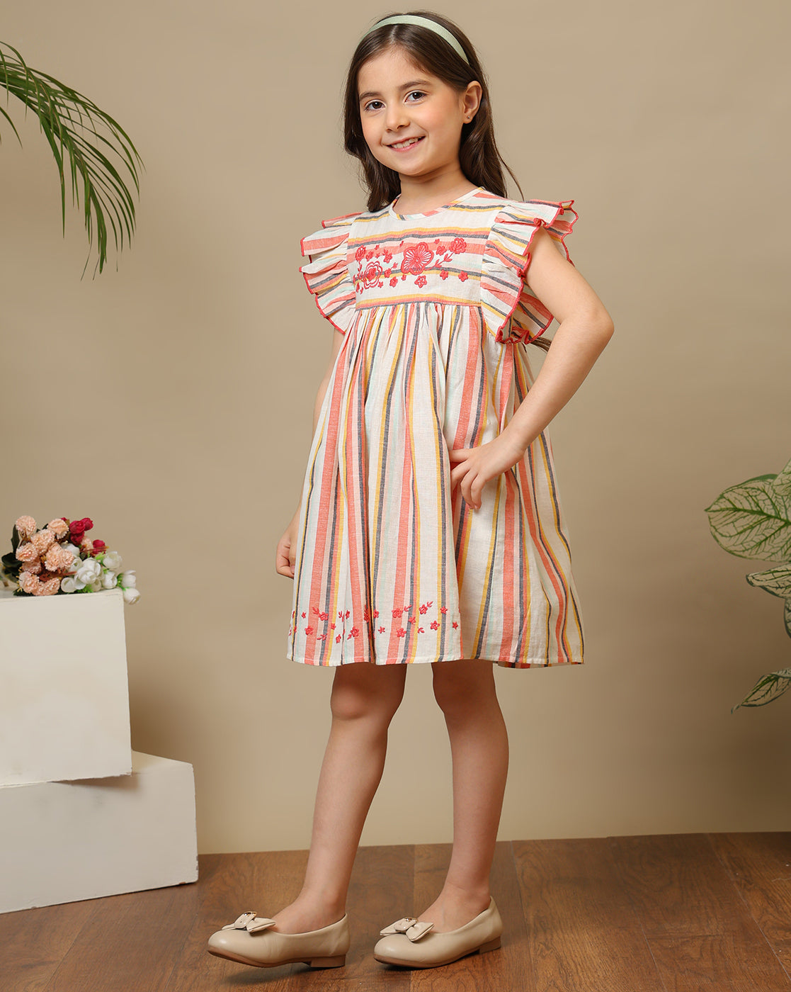 Girls Striped Flutter Sleeve Dress