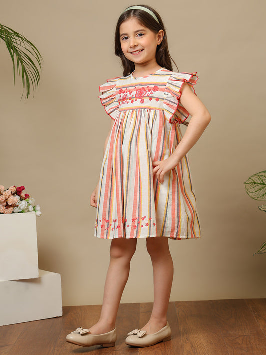 Girls Multicolor Striped Embroidered Dress