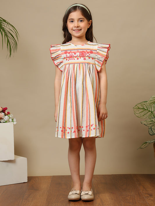 Girls Multicolor Striped Embroidered Dress