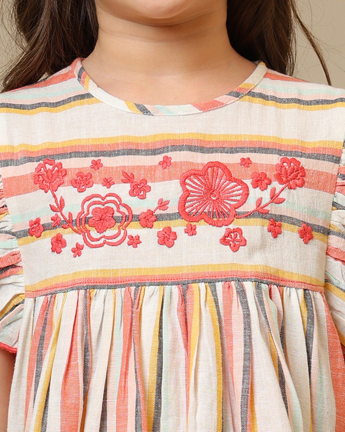 Girls Striped Flutter Sleeve Dress