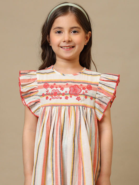 Girls Multicolor Striped Embroidered Dress