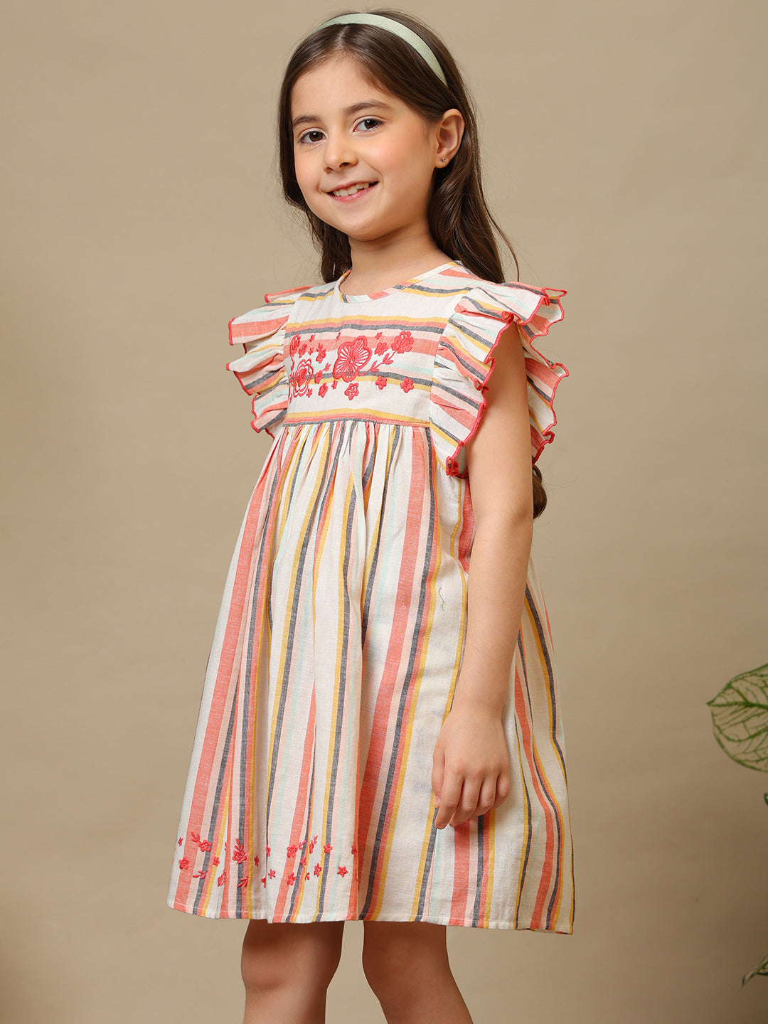 Girls Multicolor Striped Embroidered Dress
