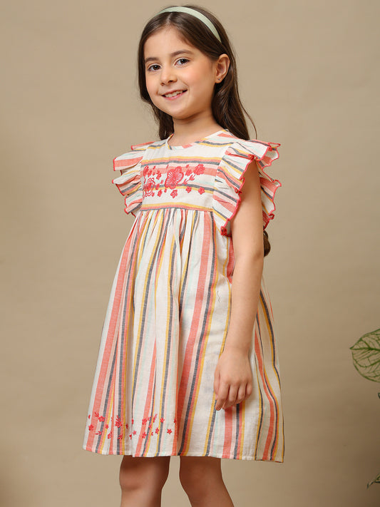 Girls Multicolor Striped Embroidered Dress