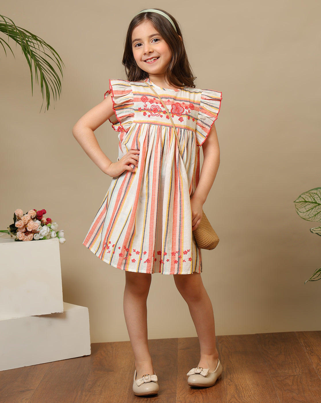 Girls Striped Flutter Sleeve Dress