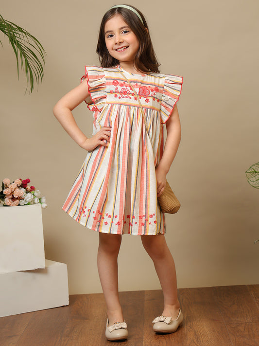Girls Multicolor Striped Embroidered Dress