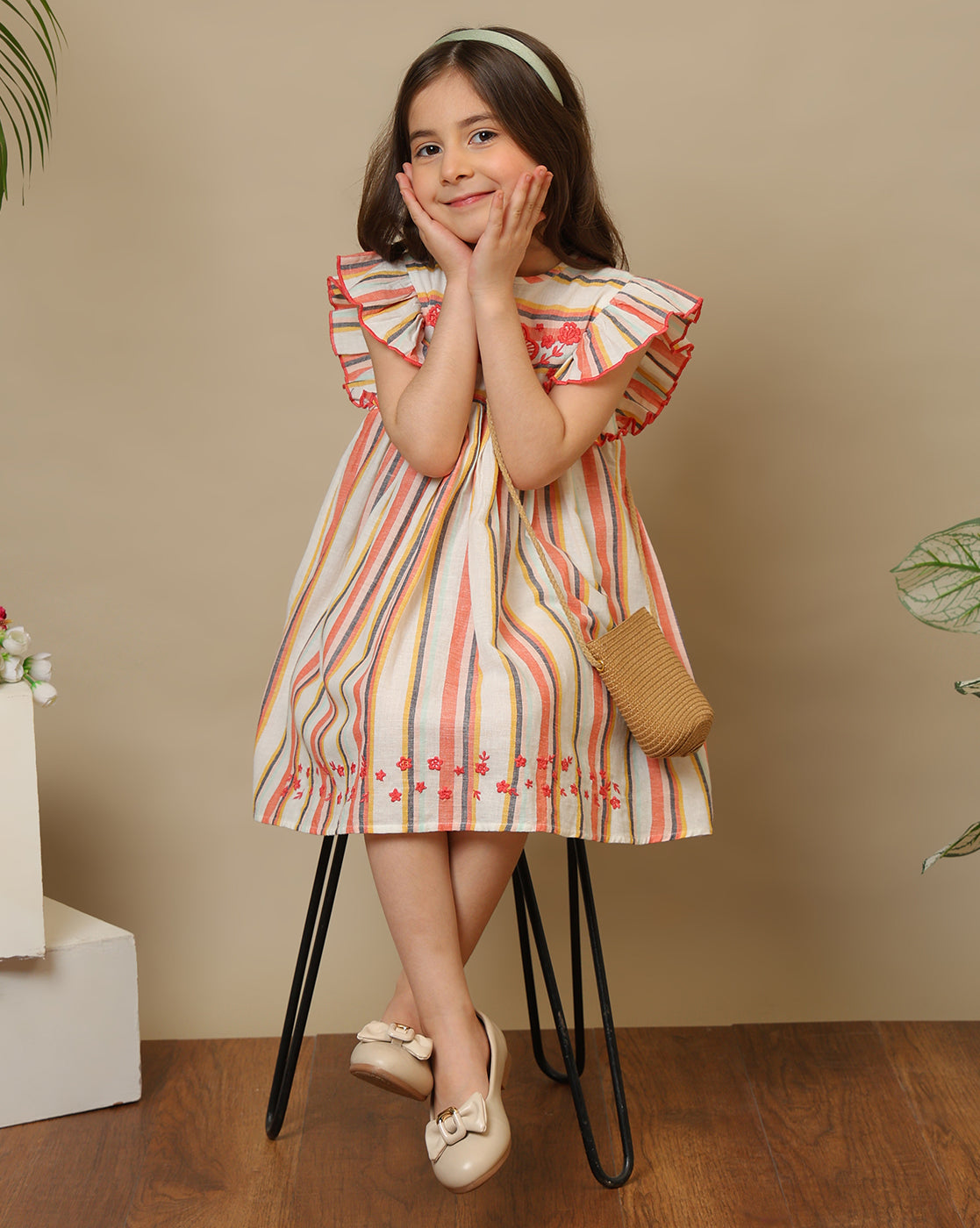 Girls Striped Flutter Sleeve Dress