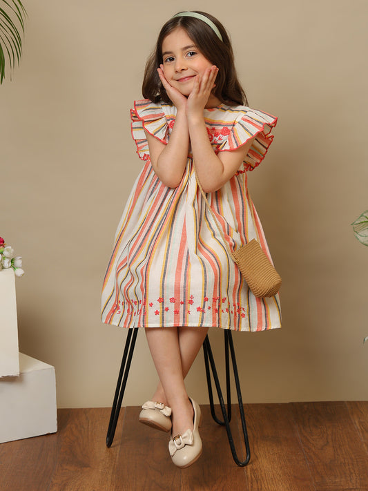 Girls Multicolor Striped Embroidered Dress