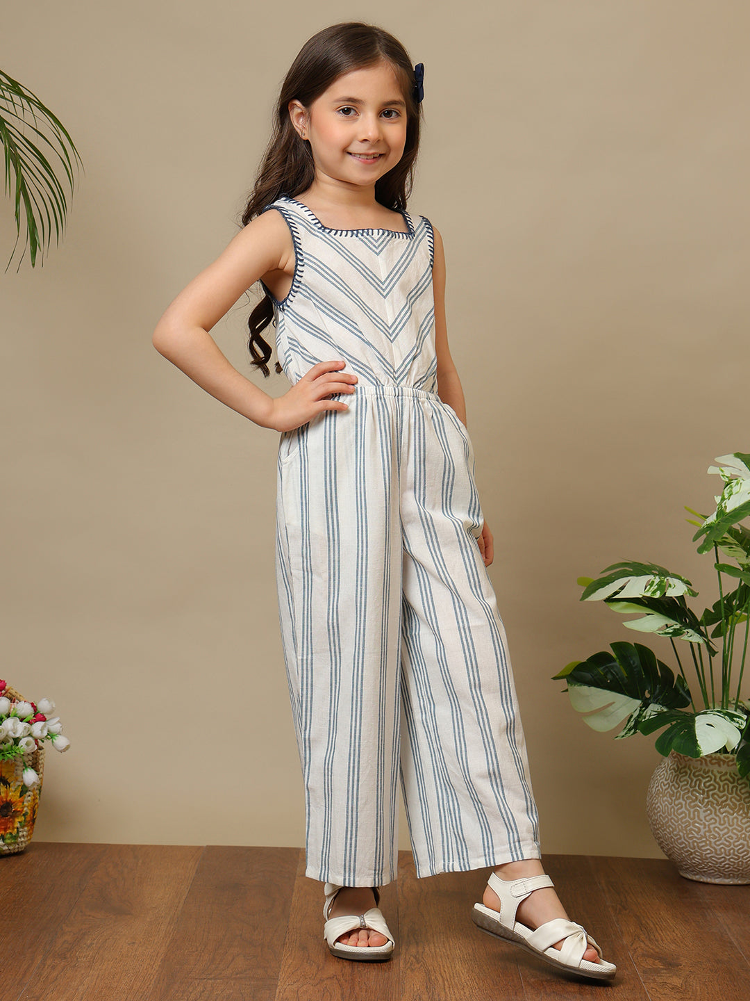 Girls Striped Sleeveless Jumpsuit