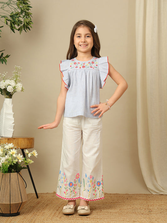 Ruffle Yoke Embroidered Cotton Top