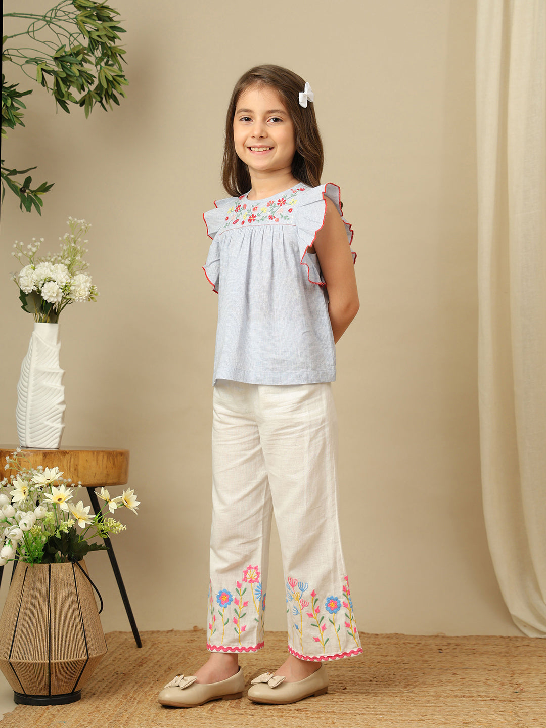 Ruffle Yoke Embroidered Cotton Top