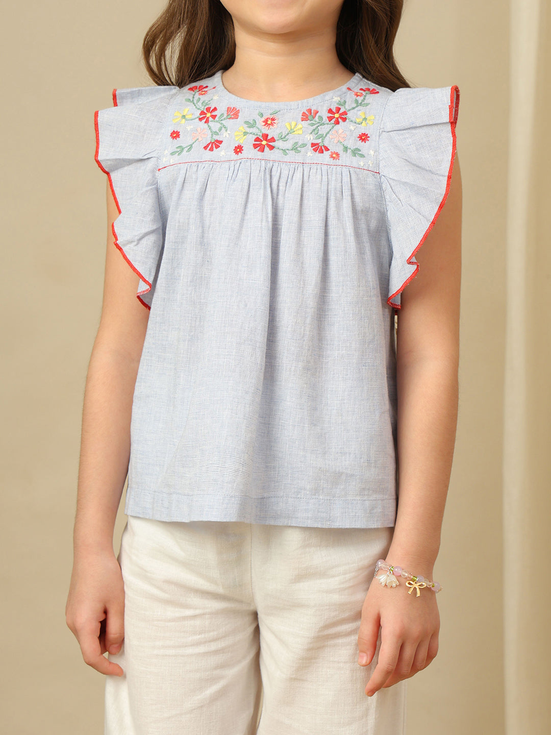 Ruffle Yoke Embroidered Cotton Top