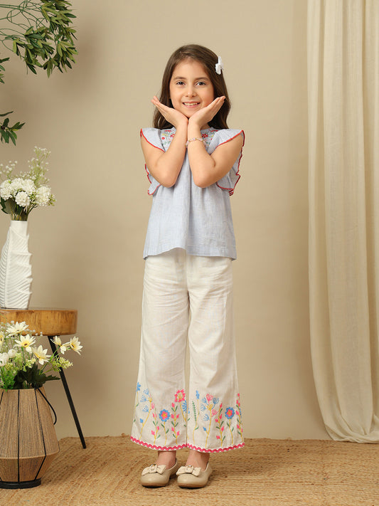 Ruffle Yoke Embroidered Cotton Top