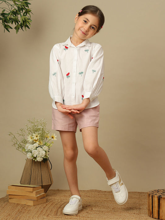 Girls white cotton shirt with red floral embroidery, green leaf detailing, collared neck, button-down front and full sleeves.