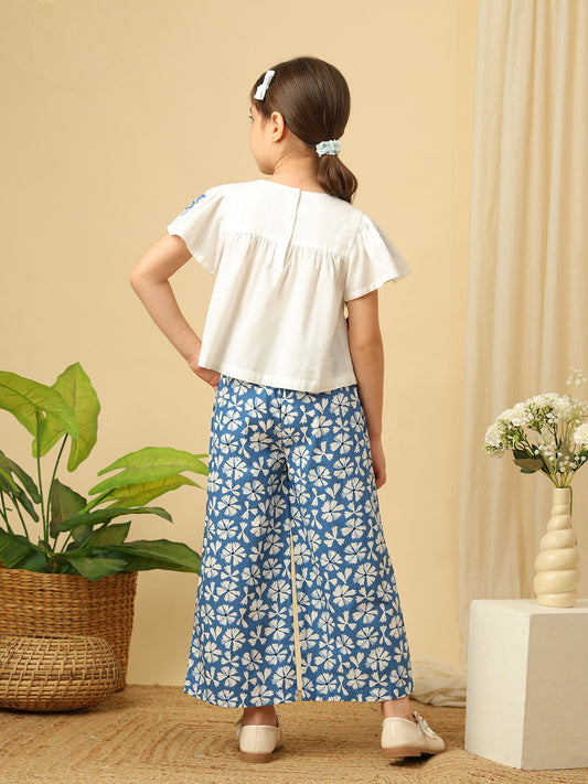 Girls white floral embroidered cotton top with blue floral print wide-leg pants co-ord set