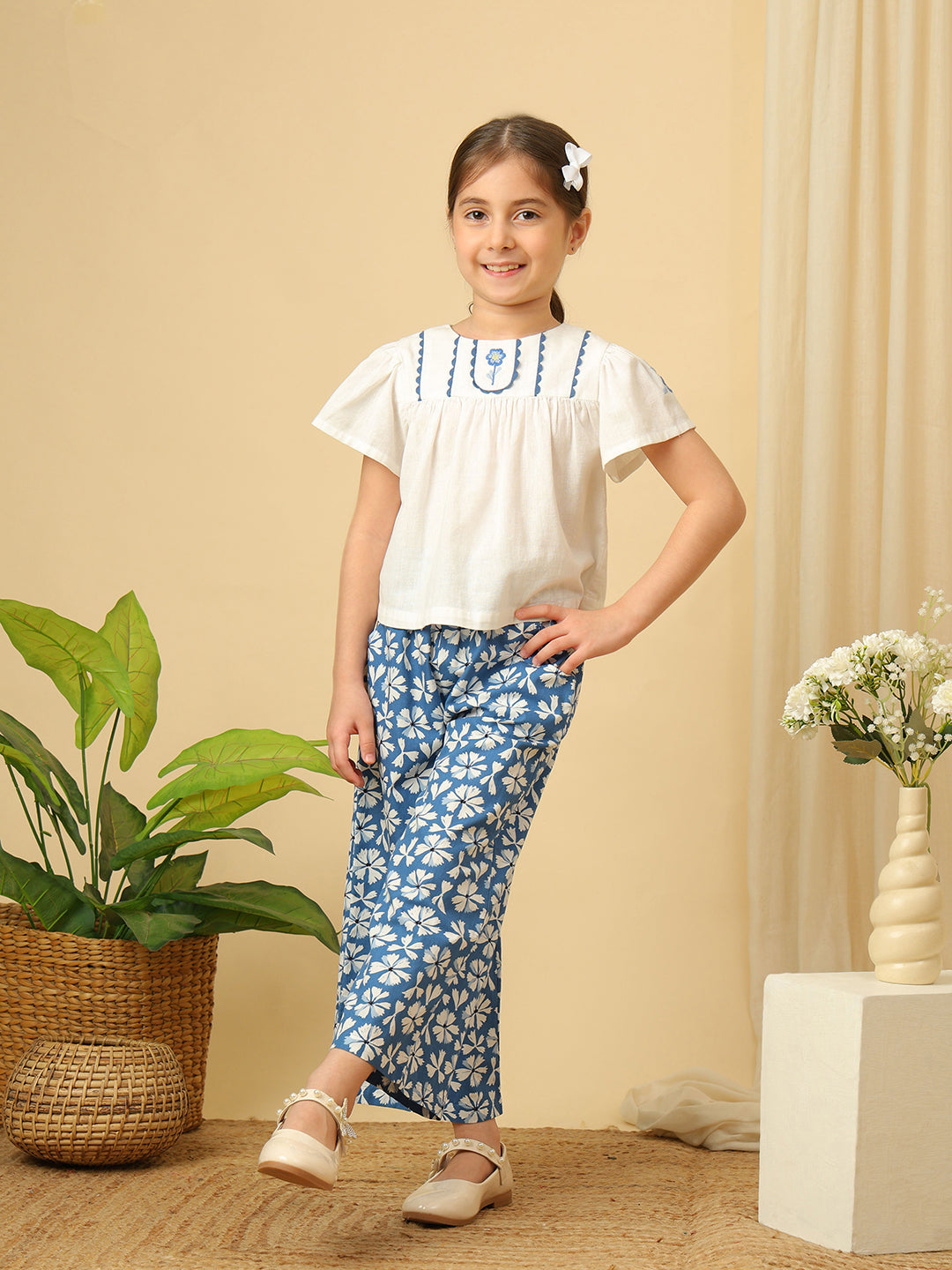 Girls white floral embroidered cotton top with blue floral print wide-leg pants co-ord set