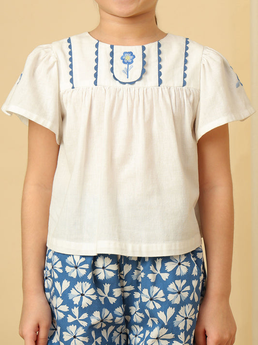 Girls white floral embroidered cotton top with blue floral print wide-leg pants co-ord set
