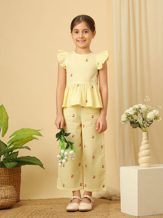 Girls yellow checkered wide-leg pants with all-over cherry embroidery
