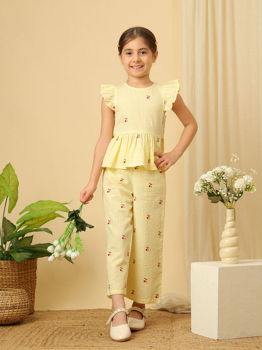 Girls yellow checkered wide-leg pants with all-over cherry embroidery