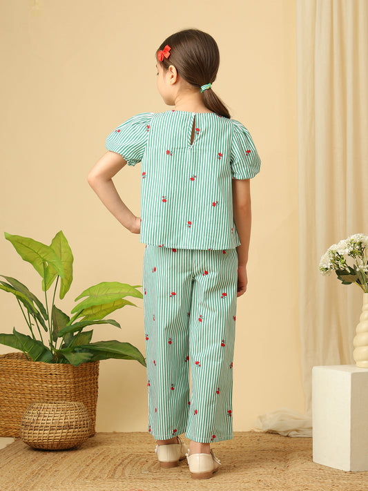 Girls green and white striped co-ord set with puff sleeves, bow details, floral embroidery and wide-leg pants
