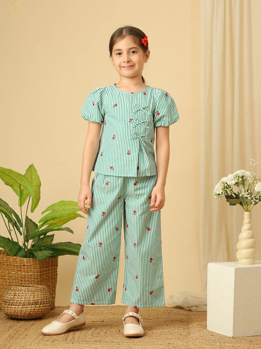Girls green and white striped co-ord set with puff sleeves, bow details, floral embroidery and wide-leg pants
