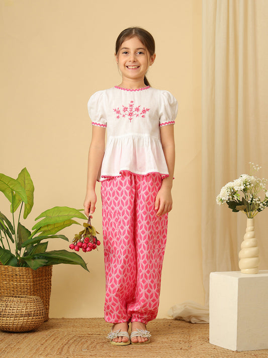 Girls pink and off-white floral embroidered co-ord set with puff sleeve peplum top and geometric print jogger pants