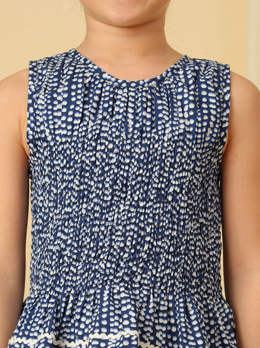 Girls navy blue printed smocked co-ord set with sleeveless peplum top and wide-leg ruffle pants