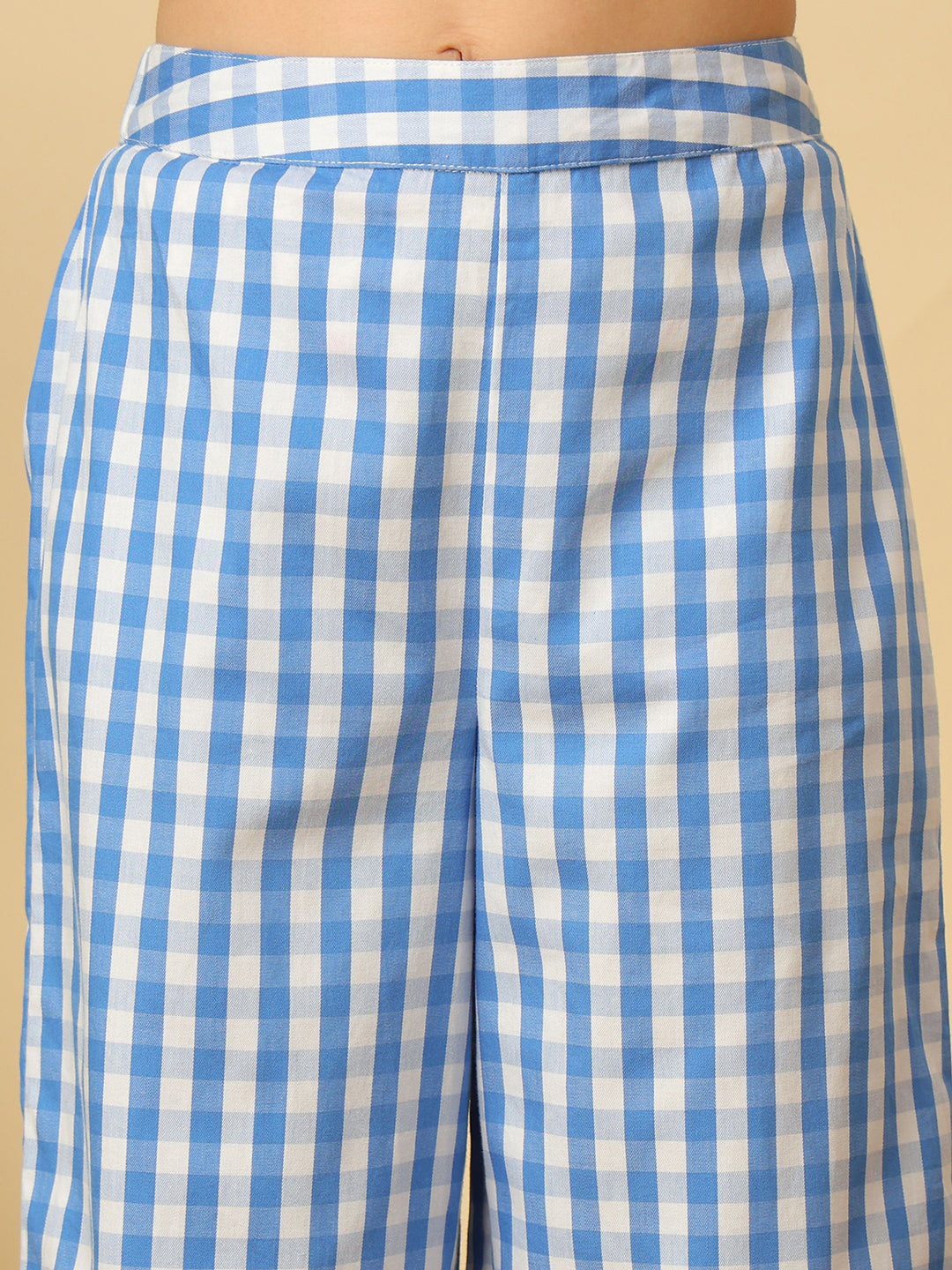 Girls blue and white checked cotton co-ord set with sleeveless peplum top and wide-leg pants