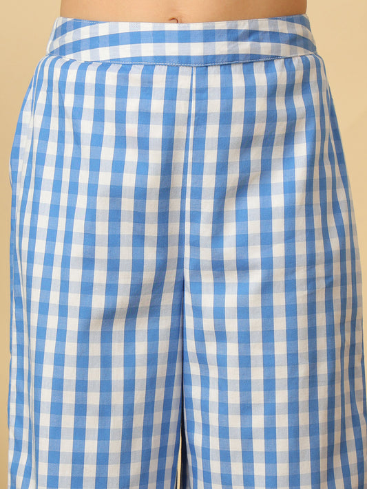 Girls blue and white checked cotton co-ord set with sleeveless peplum top and wide-leg pants