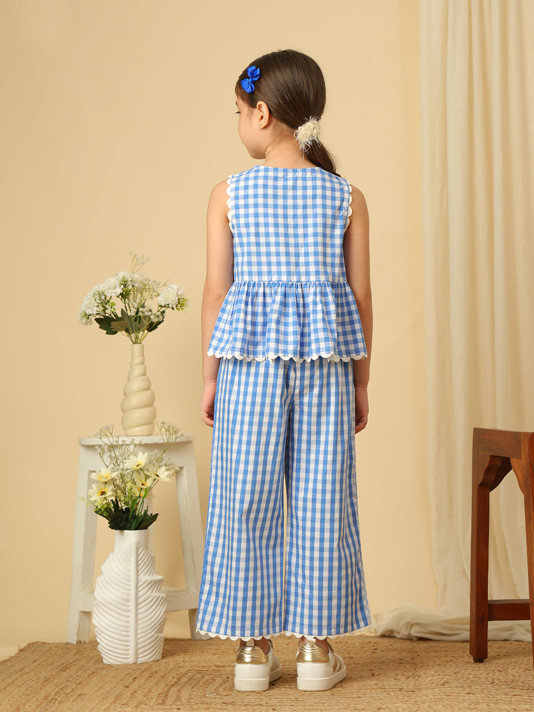 Girls blue and white checked cotton co-ord set with sleeveless peplum top and wide-leg pants
