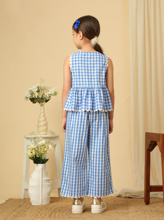Girls blue and white checked cotton co-ord set with sleeveless peplum top and wide-leg pants