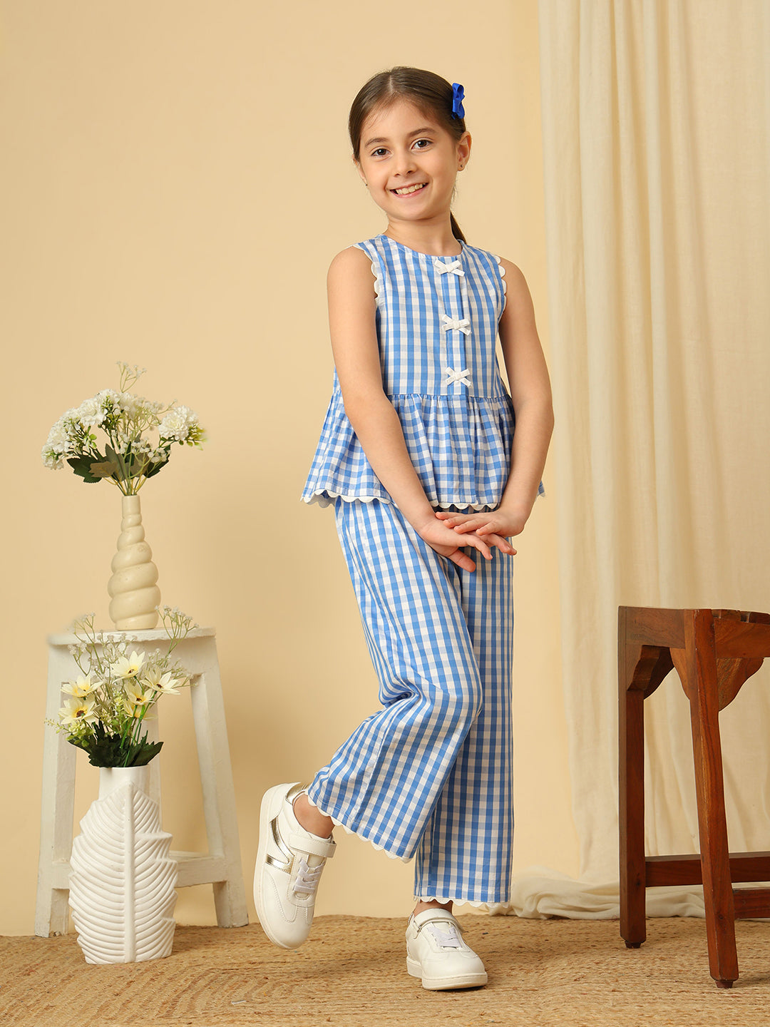 Girls blue and white checked cotton co-ord set with sleeveless peplum top and wide-leg pants