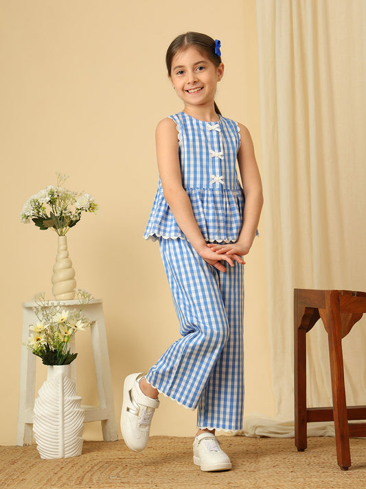 Girls blue and white checked cotton co-ord set with sleeveless peplum top and wide-leg pants