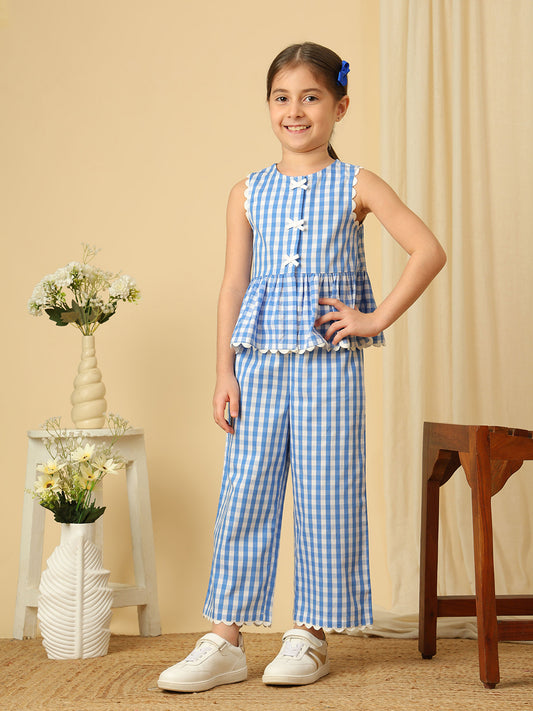 Girls blue and white checked cotton co-ord set with sleeveless peplum top and wide-leg pants
