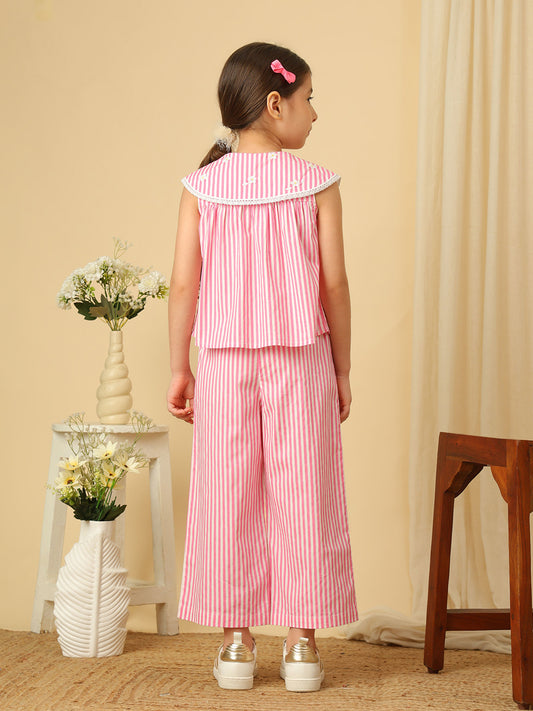 Girls pink striped wide-leg pants with white lace panel detailing