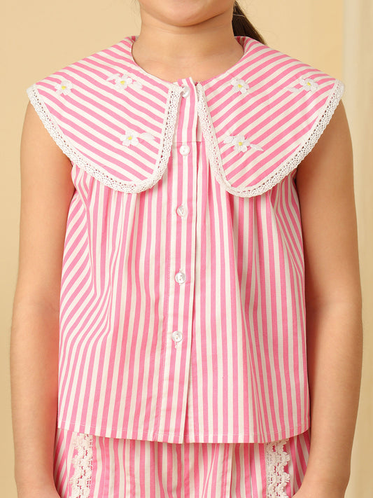Girls pink striped wide-leg pants with white lace panel detailing