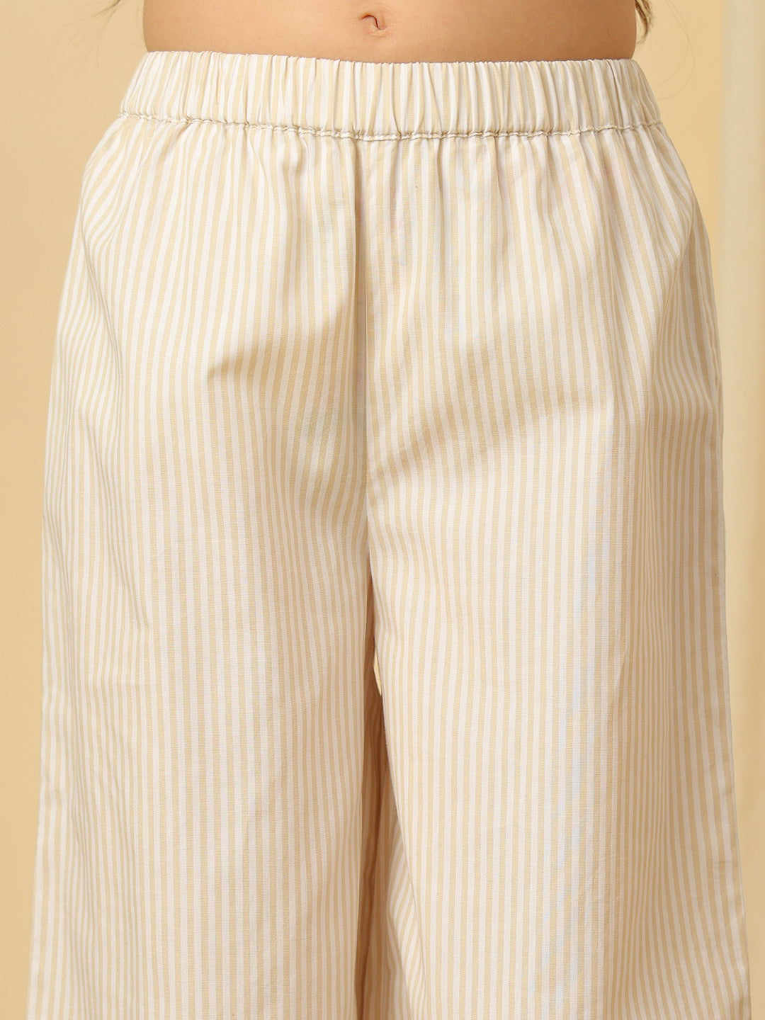 Girls beige striped cotton co-ord set with blue floral embroidery and wide-leg pants