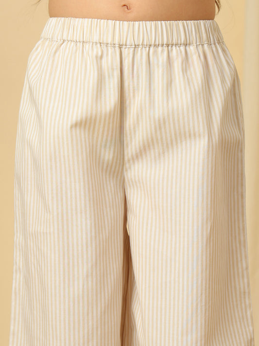 Girls beige striped cotton co-ord set with blue floral embroidery and wide-leg pants