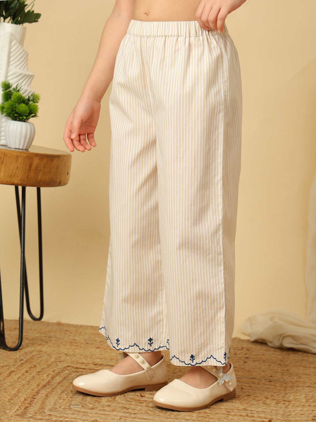 Girls beige striped cotton co-ord set with blue floral embroidery and wide-leg pants