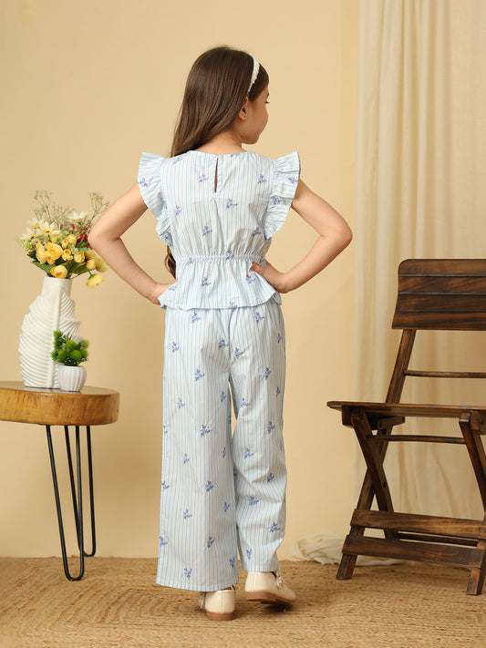 Girls blue and white striped co-ord set with floral embroidery, ruffle sleeve top and matching wide-leg pants