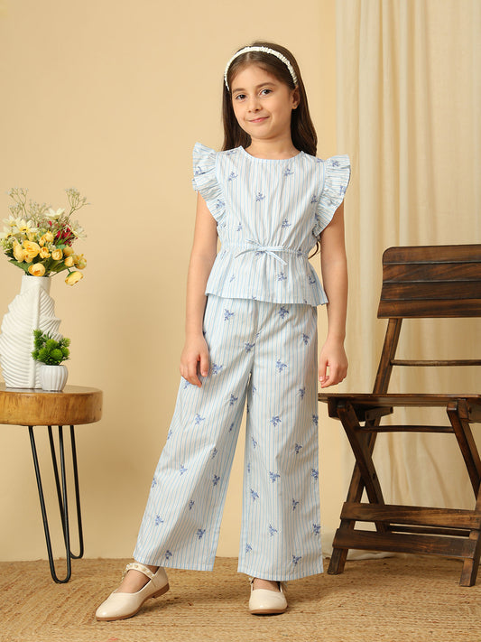 Girls blue and white striped co-ord set with floral embroidery, ruffle sleeve top and matching wide-leg pants