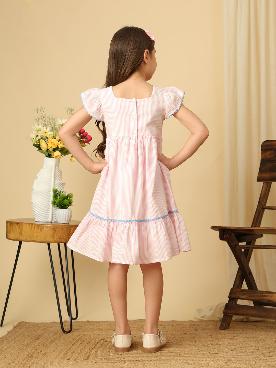 Girls Pink Striped Butterfly Embroidered Flutter Sleeve Dress
