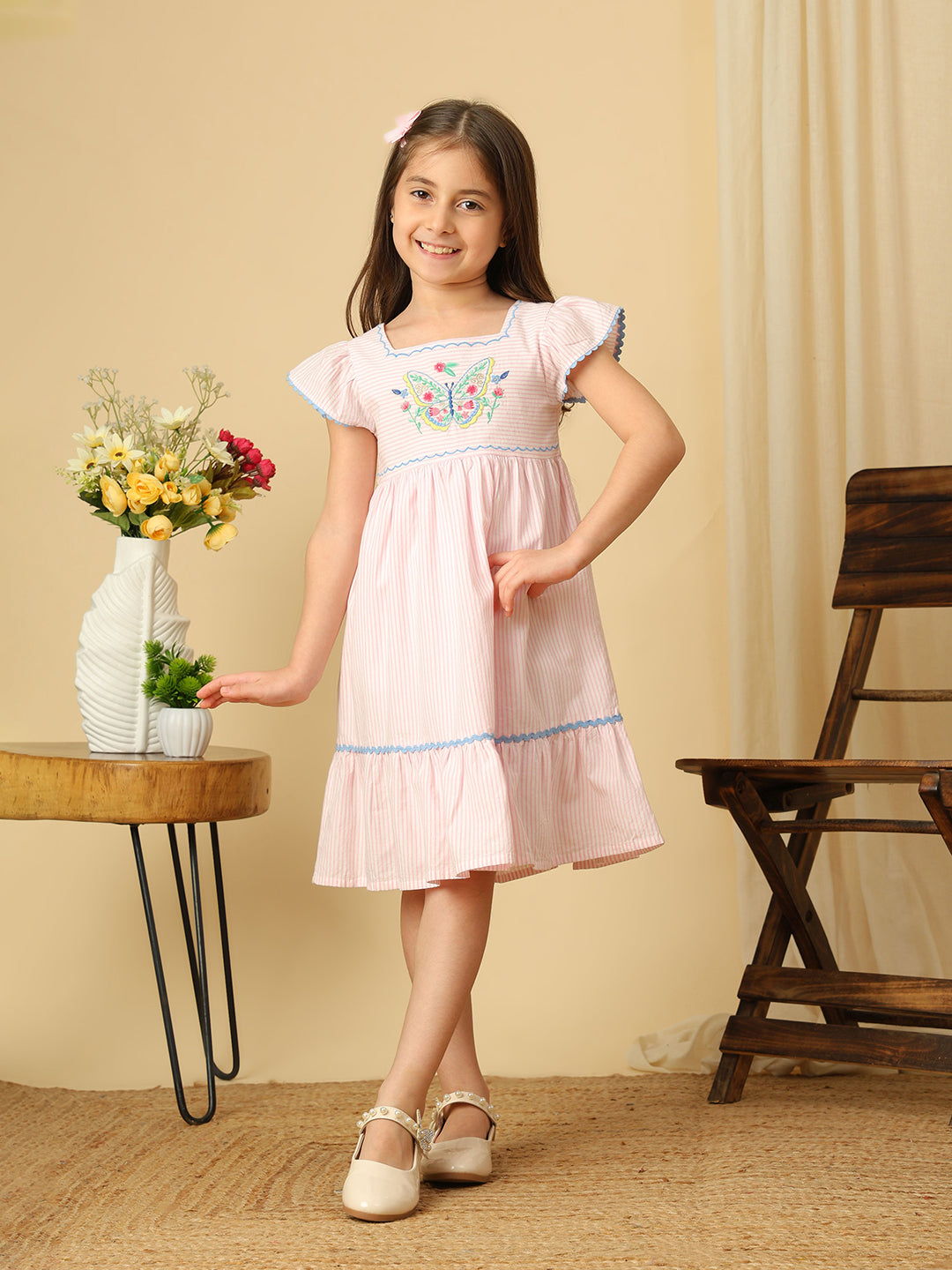Girls Pink Striped Butterfly Embroidered Flutter Sleeve Dress
