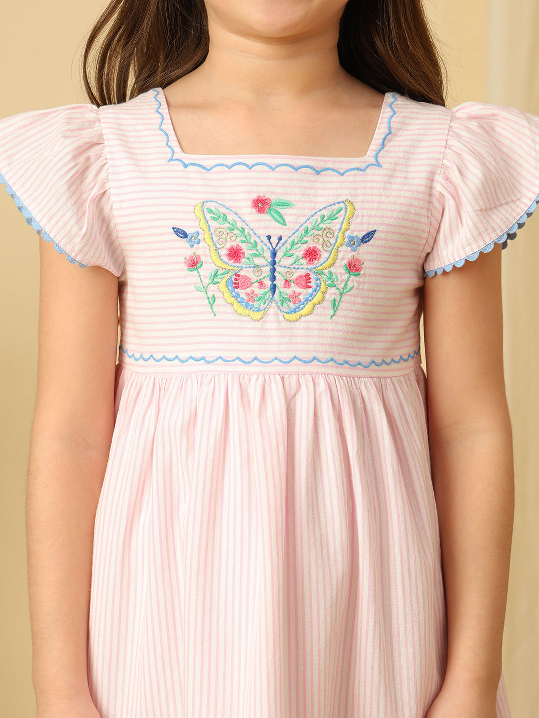 Girls Pink Striped Butterfly Embroidered Flutter Sleeve Dress
